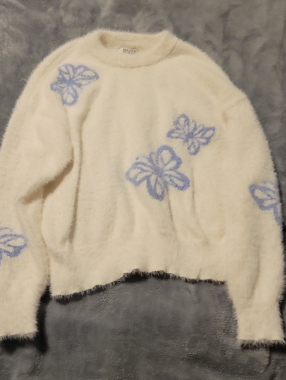 MAJORELLE Cream Fuzzy Crewneck Sweater with Light Blue Floral Accents